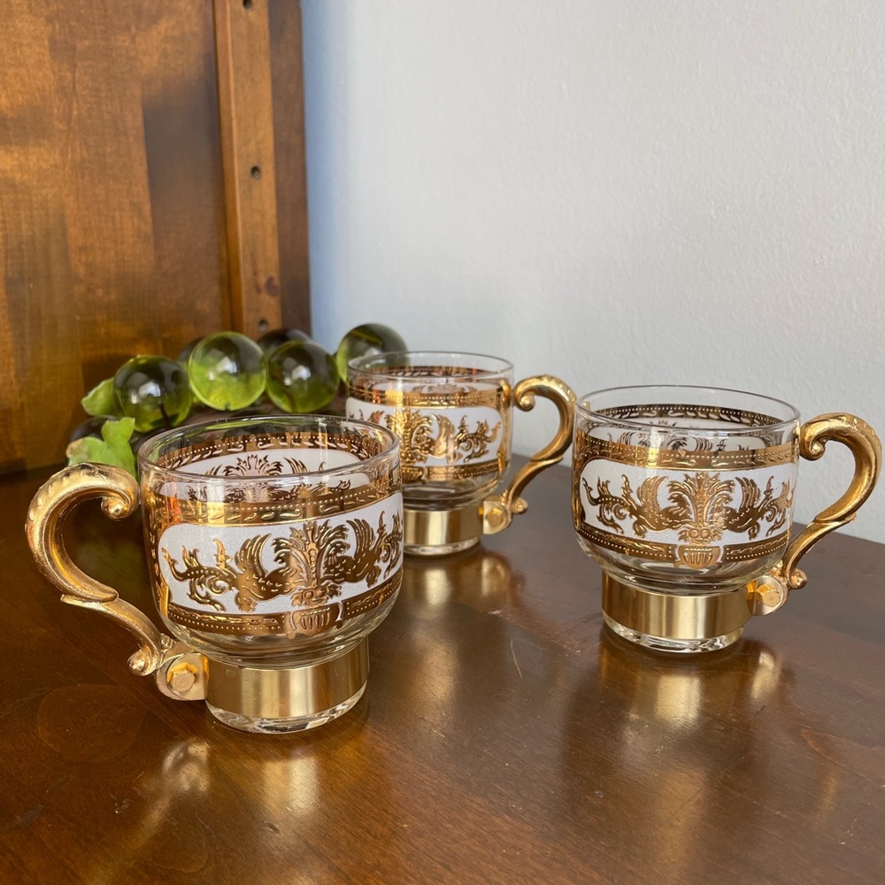 Three Vintage MCM Culver Clear Glass Cups with Gold Handle